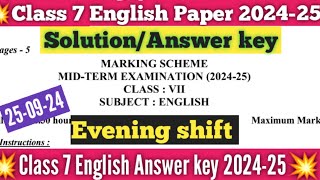 Evening shift class 7th English paper answer key mid term 202424  English paper solution class 7 [upl. by Hester962]