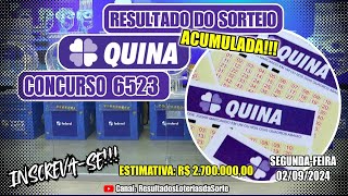 🍀 Resultado do Sorteio da Quina Concurso 6523  02092024 Loterias Caixa [upl. by Eelorac507]