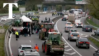 LIVE French farmers block road near Paris with tractors [upl. by Lam]