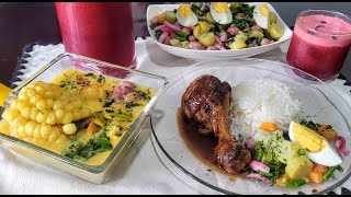 ALMUERZO ECUATORIANO COMPLETO Locro  arroz con pollo a la coca cola con ensalada de vainitas [upl. by Evod]