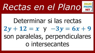 DETERMINAR SI DOS RECTAS SON PARALELAS PERPENDICULARES O INTERSECANTES [upl. by Ahsiekim441]