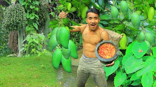 Survival in the rainforest  Man find fruits in forest  pick mango for eat Eating delicious [upl. by Nigrom402]