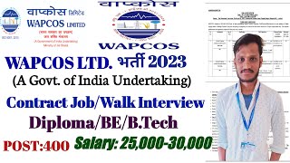 Govtjobs  WAPCOS LTD Recruitment 2023  POST400  Salary20000 DiplomaBEBtech  WAPCOS LTD job [upl. by Atwahs276]