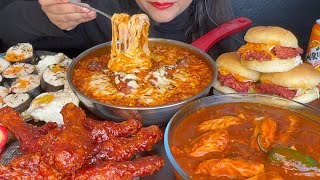 ASMR EATING SPICY NOODLESCHEESY NOODLESKOREAN FRIED CHICKENSPICY BURGERKIMBAPCHILLI MOMO [upl. by Aremahs907]