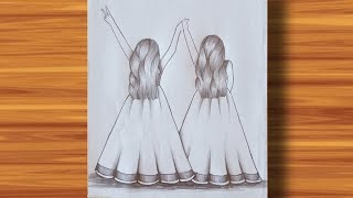 How to draw two girls best friends step by steppencil sketch for beginnersgirl drawing easy [upl. by Anilecram]