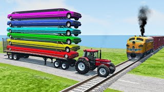 Double Flatbed Trailer Truck vs Speedbumps Train vs Cars  Tractor vs Train BeamngDrive 050 [upl. by Aivuy]