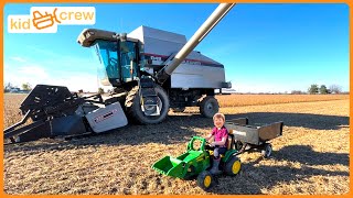 Harvesting crops with kids power wheel tractor amp real combine harvester farm Educational  Kid Crew [upl. by Mcconnell]