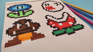 PIXEL ART  Comment dessiner LE MONDE DE MARIO BROS  How to draw Mario world [upl. by Idou]