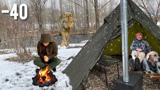 Winter Camping in 40 Degrees With Wood Stove amp Tent Winter Camping in Snow Storm ASMR [upl. by Heidie]