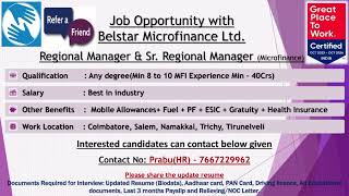 Hiring Regional Manager and SrRegional Manager  Company Name  Belstar Micro Finance Ltd [upl. by Gib61]