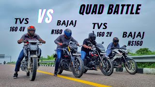 Tvs Apache 160 2v bs7 Vs Tvs apache 160 4v vs Bajaj pulsar n160 vs pulsar ns160  160 cc Quad Battle [upl. by Haonam]