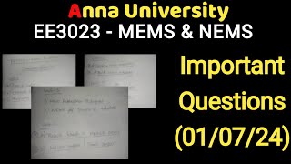 EE3023  MEMS amp NEMS  important questions  anna university  July 2024 exam  latest [upl. by Ursa]