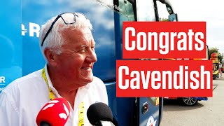 Patrick Lefevere Congratulates Mark Cavendish For Record In The Tour de France 2024 [upl. by Aisnetroh]