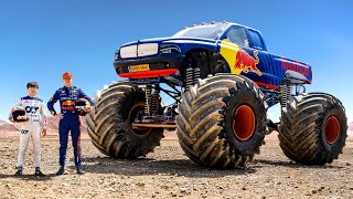 F1 Drivers Race HUGE Mega Trucks Max Verstappen vs Yuki Tsunoda [upl. by Brosine]