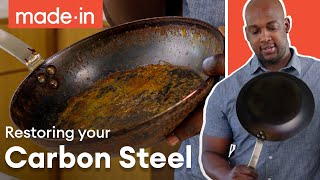 Rusty Carbon Steel Skillet Restoration  Made In Cookware [upl. by Aiek]