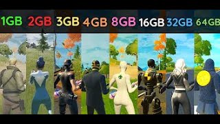 Fortnite 1Gb Ram vs 2gb vs 3gb vs 4gb vs 6gb vs 8gb vs 12gb vs 16gb vs 32gb vs 64gb RAM [upl. by Cherin]