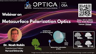 OPTICA LectureMetasurface Polarization Optics  Dr Noah Rubin [upl. by Lezti317]