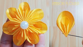 Kanzashi ribbon flower tutorialSatin ribbon craftRibbon flowers easyDiy flower making [upl. by Somerset]