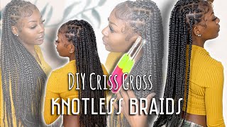 DIY Criss Cross Knotless Braids Rubber band Crochet method ✨BEGINNER FRIENDLY✨🤎• VLOGMAS DAY 6 [upl. by Ojytteb]