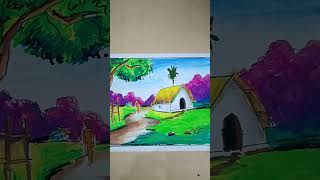 village landscape oil pastel drawing  ytshorts shorts oilpastel [upl. by Allard311]