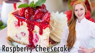 The BEST White Chocolate Raspberry Cheesecake  with raspberry sauce amp whipped cream [upl. by Alverta765]