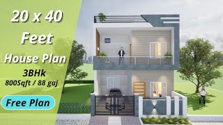 20 x 40 feet house plan  800 sqft  90 Gaj  20 x 40 modern house design 3d  6 x 12 meter [upl. by Labana]