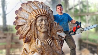 AMAZING CHAINSAW wood carving Native American with wolves [upl. by Arlie75]