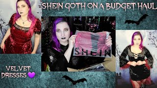 Goth on a Budget SHEIN GOTHIC CLOTHING HAUL velvet dresses harness fur coat💜🦇💜 [upl. by Franni]