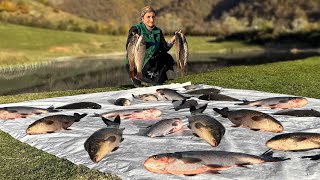 We Caught Huge Carp In A Mountain Lake And Cooked Dinner For The Whole Village Family [upl. by Adams]