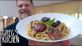 Creamless Creamy Crispy Salami Pasta Recipe  Gregs Kitchen [upl. by Dnomder]