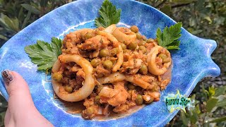 Zuppa di anelli di totano con piselli e merluzzo in padella al sugo Ricetta [upl. by Adleremse]