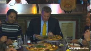 New York mayor Bill de Blasio eats pizza with knife and fork [upl. by Parcel]