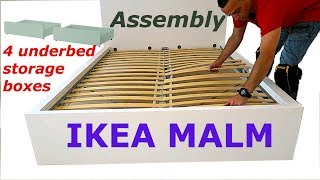 Ikea MALM Bed frame assembly with 4 storage boxes Whiteluröy [upl. by Nylakcaj929]