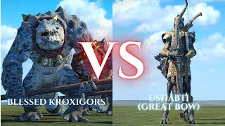 WARHAMMER III Total War  Blessed Kroxigors VS Ushabti Great Bows [upl. by Melquist48]