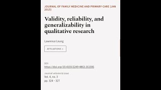 Validity reliability and generalizability in qualitative research  RTCLTV [upl. by Mckenna213]