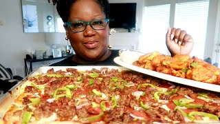 LOADED MEAT LOVERS SUPREME PIZZA AND BUFFALO WINGS COOKING AND EATING [upl. by Gradeigh657]