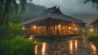 Tropical windy rain pours over Sundanese bamboo traditional house at night perched on a misty hill [upl. by Marzi482]