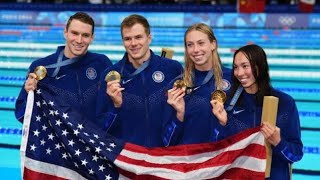 USA swims to Olympic gold in mixed medley relay holding off China in world record [upl. by Lecirg]