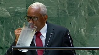 Haitian President spills giant jug of water during UN speech [upl. by Ahsinav672]