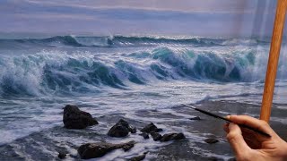 How I paint a REALISTIC WAVE  Oil Painting Techniques [upl. by Lleirbag]