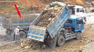 Wow Trucks Delivery Heavy Rock Dozers Help Pushing To Delete In Filling Up Process [upl. by Fillander]