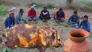 Indian tribe people cooking pig  palm tree juice drink with pork recipe porkrecipe pigcurry [upl. by Hamon]