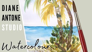 How to Paint Realistic Palm Trees  Simple Easy Beach Scene in Watercolor  Tropical Sea Painting [upl. by Kelsi331]