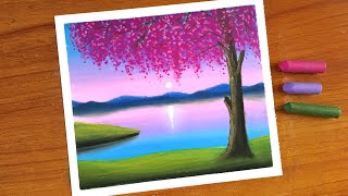 Oil Pastel Spring Scenery Painting for beginners  Oil Pastel Drawing Cherry Blossom [upl. by Miko105]