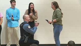 Chesterfield officer proposes to teacher at school assembly [upl. by Blackburn339]