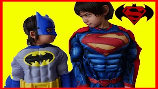 Kids pretend play dress up like superheros batman and superman with Awesome Toys Collector kids [upl. by Aehta239]