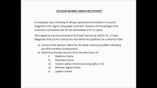 Decision making under uncertainty  Example 1 [upl. by Yadroc588]