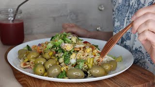 ASMR Whisper Eating Sounds  Pasta Salad amp Delicious Olives With Chili Tapas [upl. by Aineg]