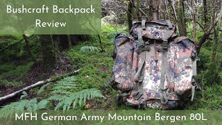 Bushcraft Backpack Review  MFH German Army Mountain Bergen 80L in flecktarn camo pattern [upl. by Anniahs]