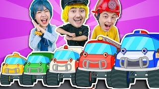 Five Little Monster Trucks Rescuer 🚒🚔🚑 Police Car Fire Truck Ambulance  Mimie SingAlong [upl. by Bendicta862]